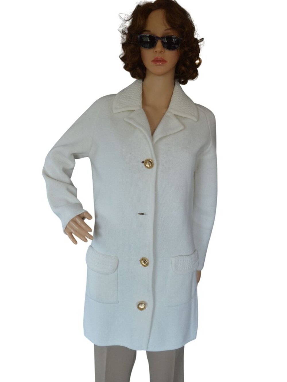 Vintage 70s White Cardigan Gold Buttons Women Estimated L Retro Preppy Coquette